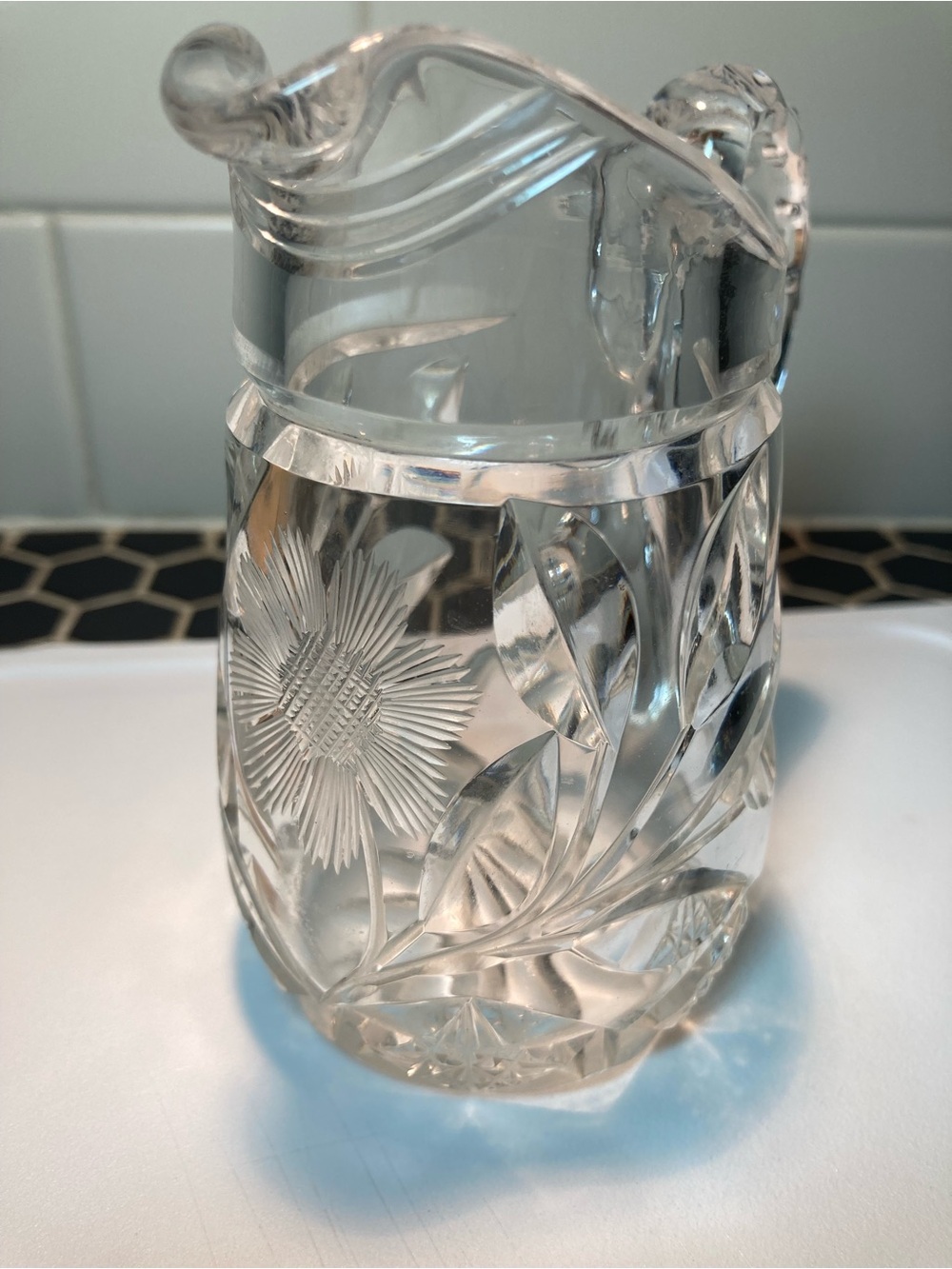 Antique 1900's Miniature Cut Crystal Floral Daisy pitcher jug